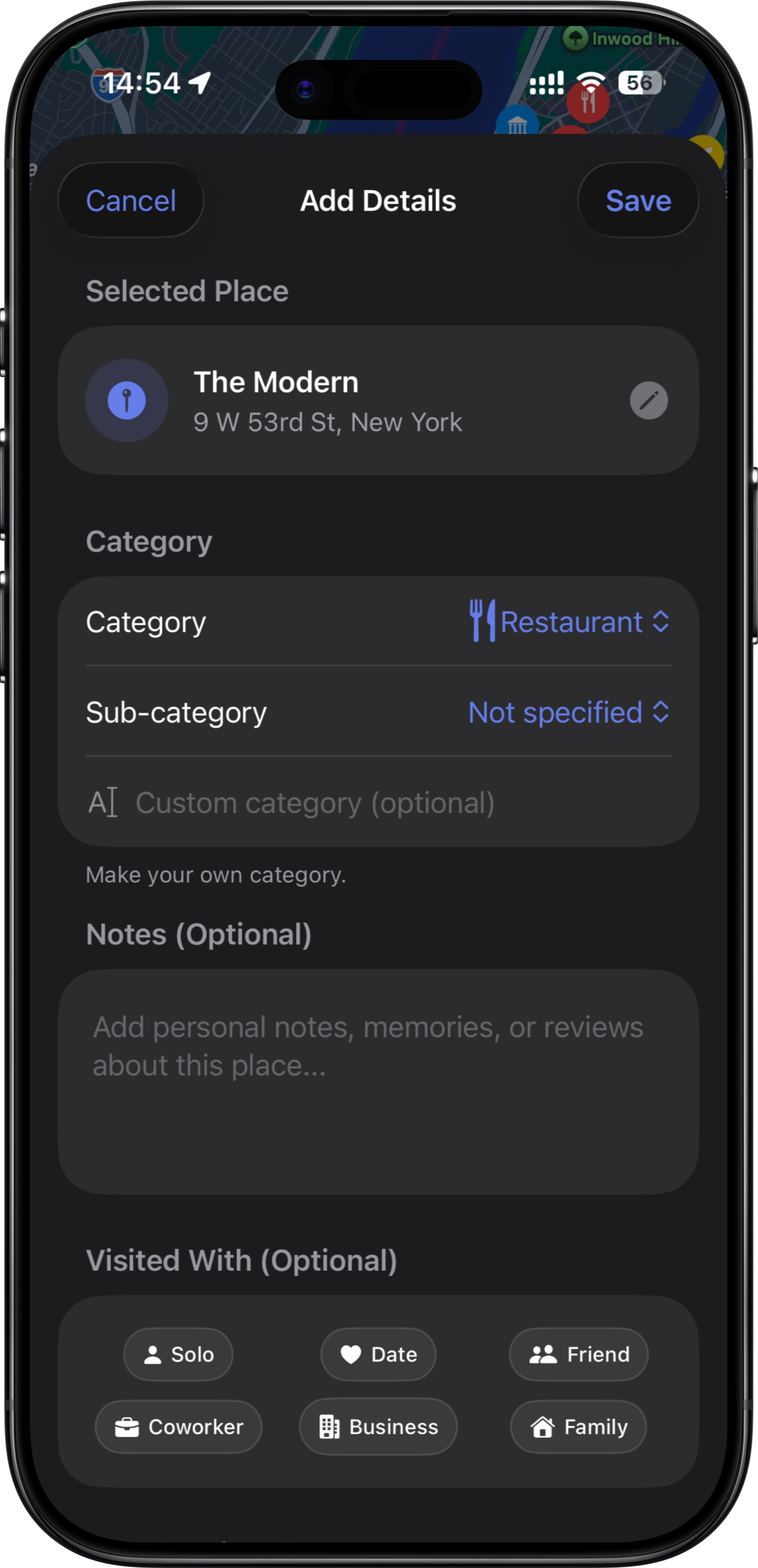 Adding Places: Quickly add any location to your collection. Using the Apple Maps Places API to get detailed information, then customize it with your own notes, tags, and memories.