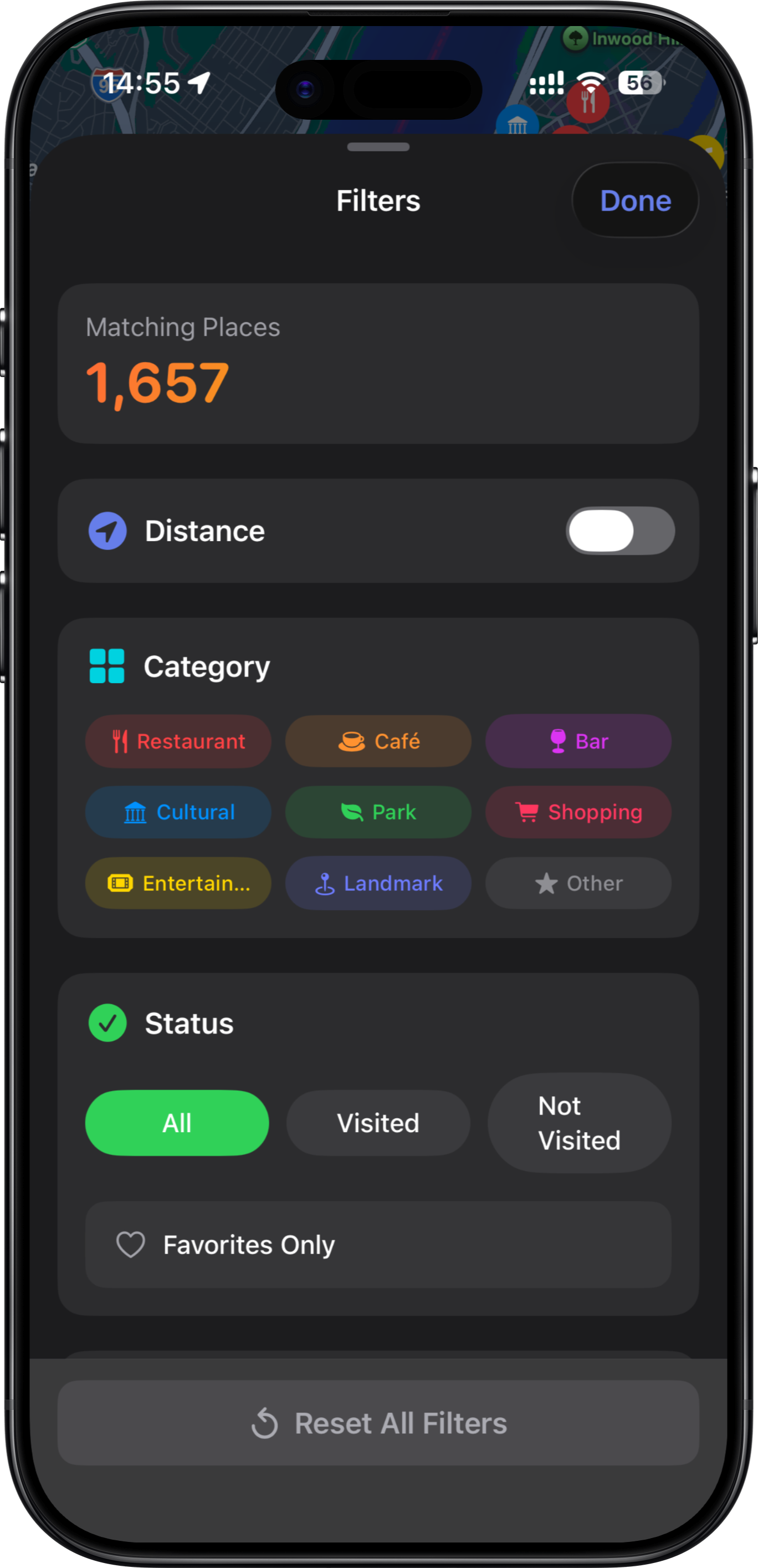 Smart Filters: Filter your places by categories, tags, companion, distance, or custom criteria. Find exactly what you're looking for,whether it's that amazing restaurant from last summer or all the coffee shops you've tried.
