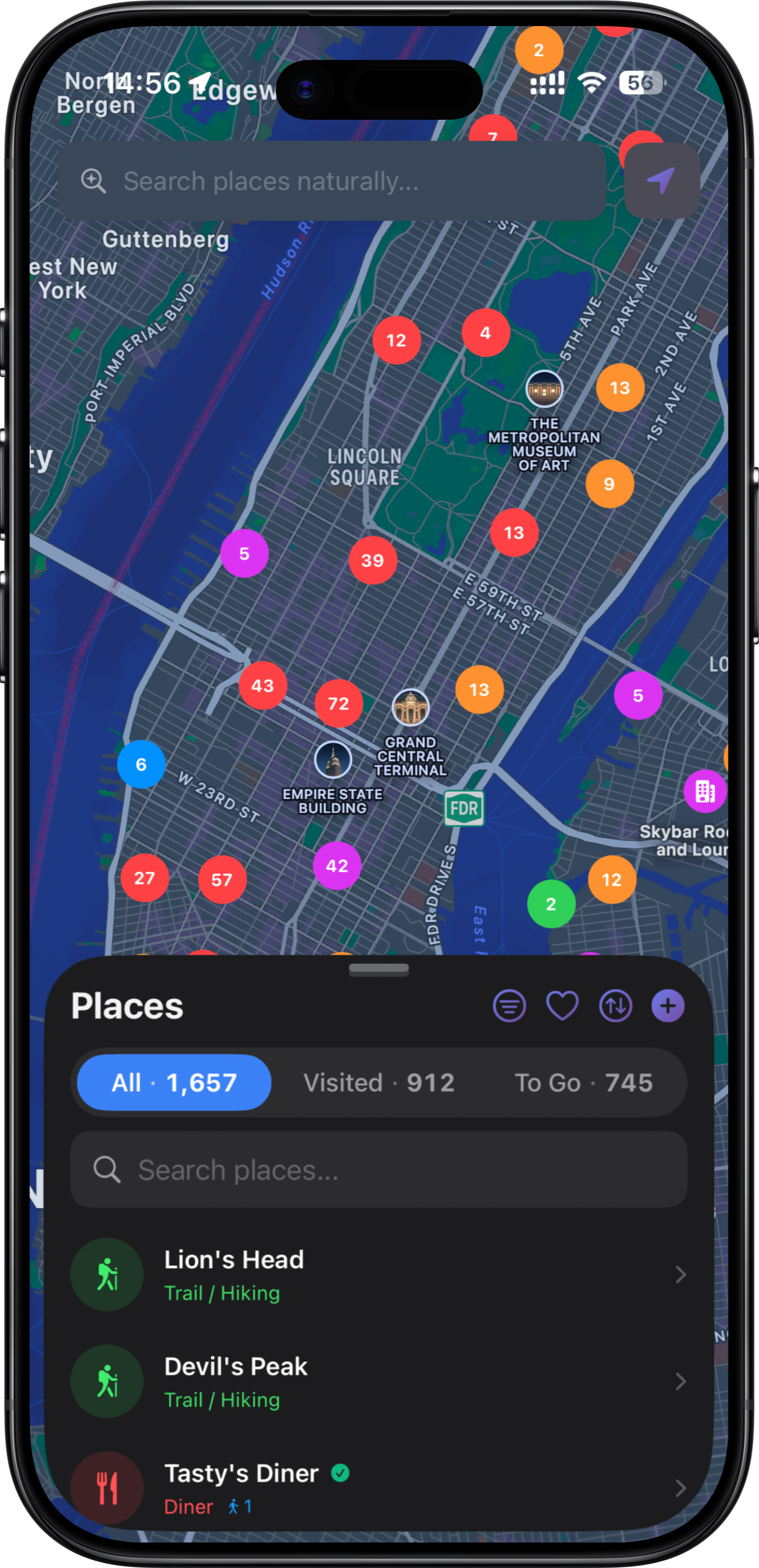 Places List: Browse all your saved places in a beautiful, organized list view. Sort by distance, date added, or categories. Your curated collection, your way.
