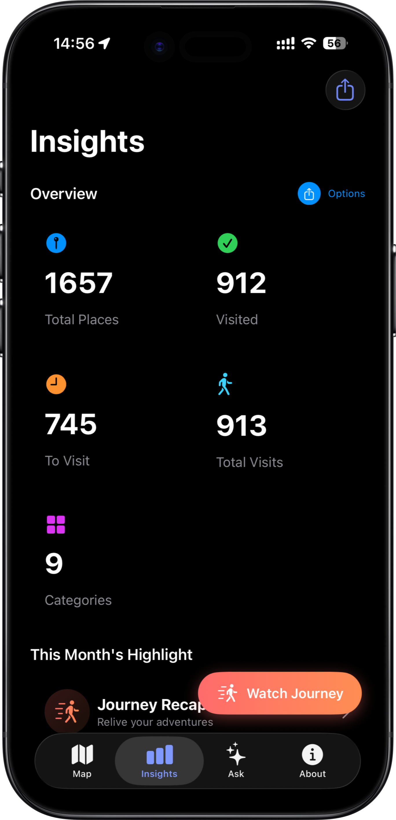 Insights & Analytics: Discover patterns in your behavior. See which types of places you visit most, which neighborhoods feel like home, and what your data says about who you really are. All done on your device.