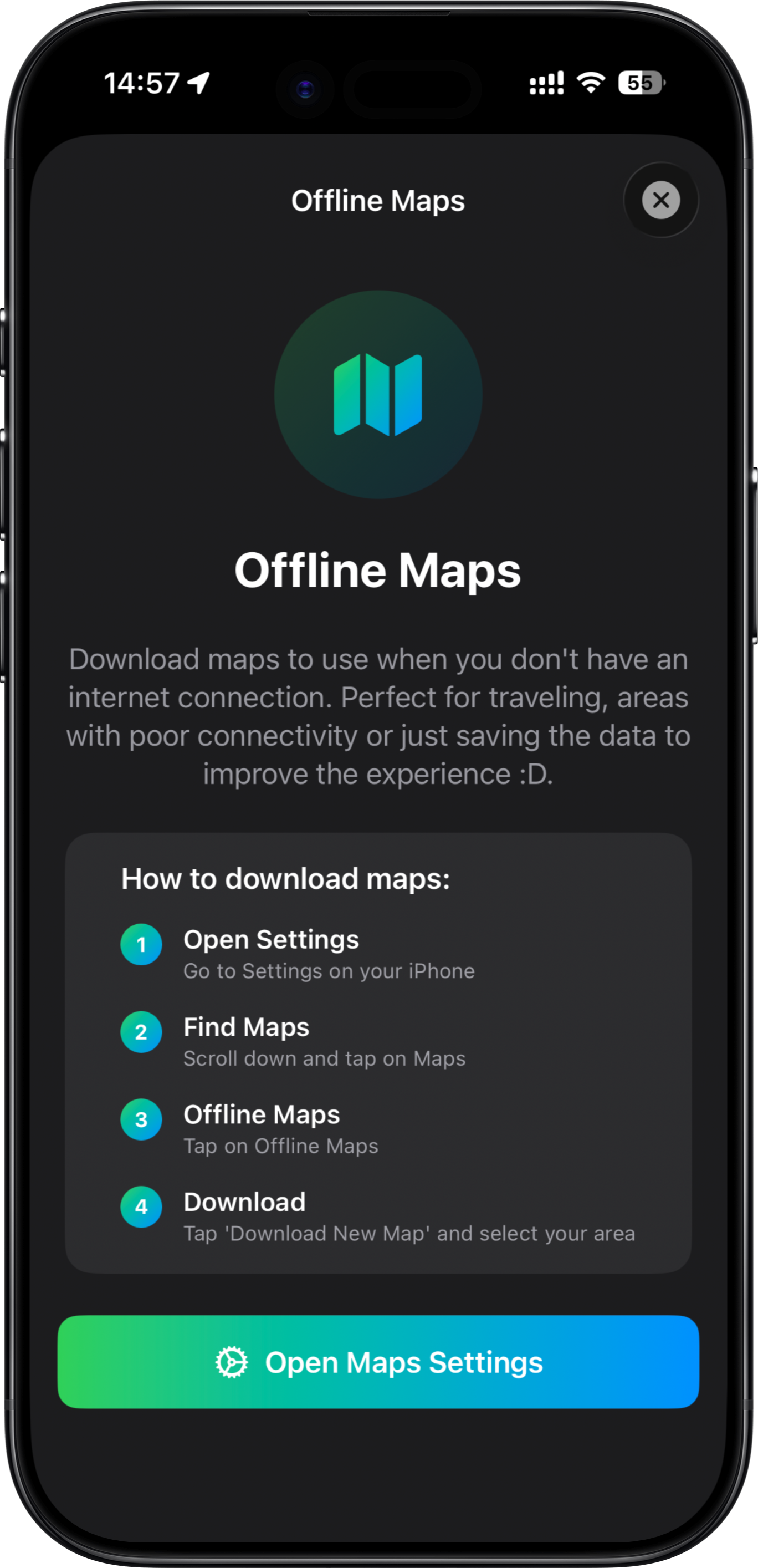 Offline Maps: Everything works completely offline. Download map areas through Apple Maps settings and access your entire collection without internet connection. Your data, always available.